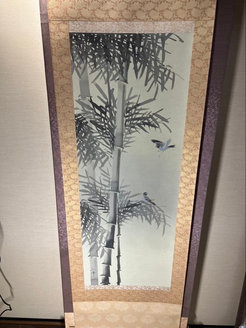 水墨画　縁起物墨竹と雀　 筆者舟峰　未使用美品箱無超得