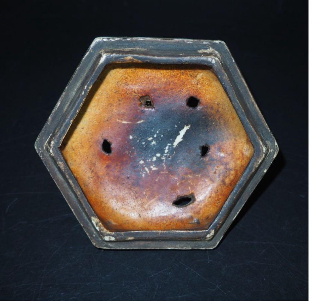 送料無料　江戸時代後期　九谷焼『角福』銘　獅子紐六角香炉　本物保証　木箱