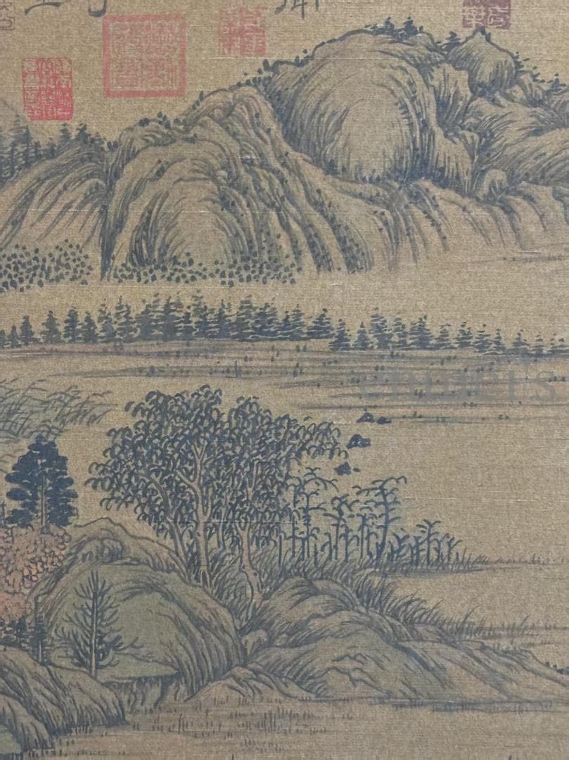 中国古美術 清時代の彩代 絹本手描き 黄公望 山水図 水墨画 三尺 牙軸 古玩