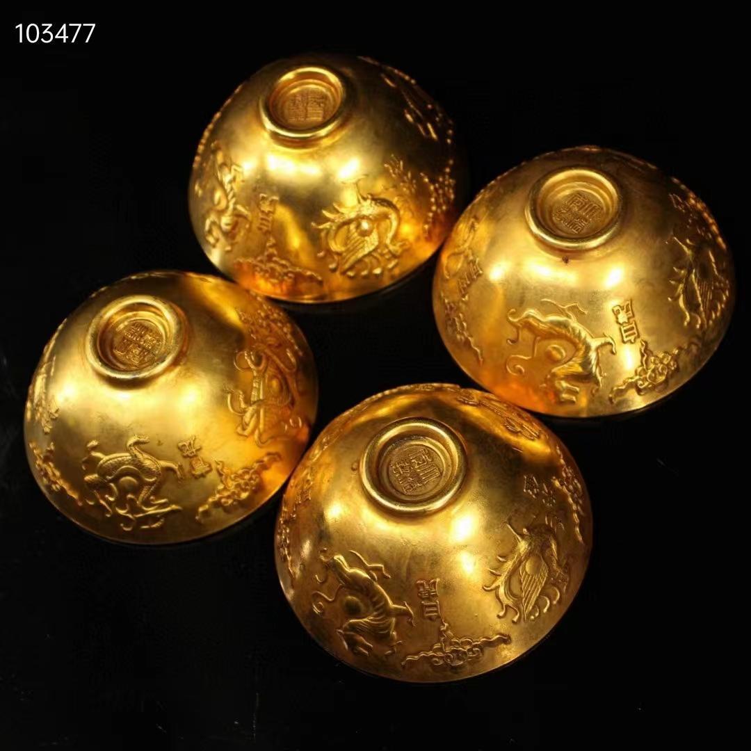 中国古美術・旧蔵收・純銅・純手作り・鎏金四神獣供碗一セット・ 茶道具・置物・食器