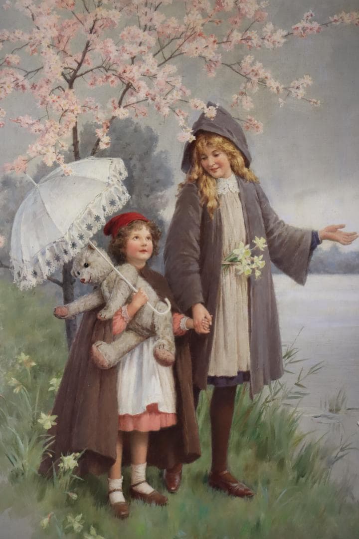 真作保証 西洋美術 ヨーロッパ絵画 「少女と女性」油彩20号 18～19世紀古画