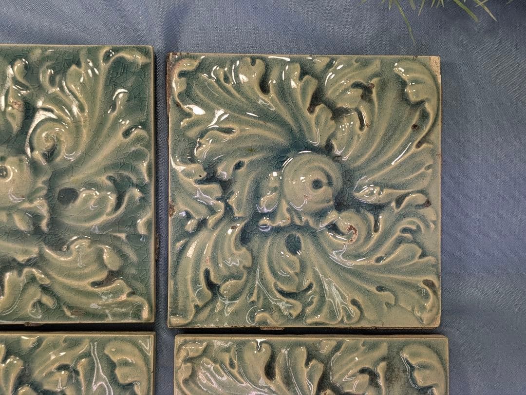 イギリス アンティーク タイル ブルー ４枚セット