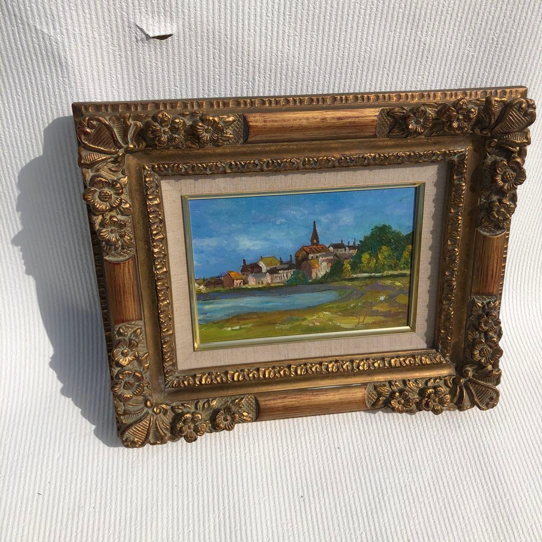 風景油彩画 アンティーク な油絵金色フレーム付きビンテージ　日額ニチガク　額縁