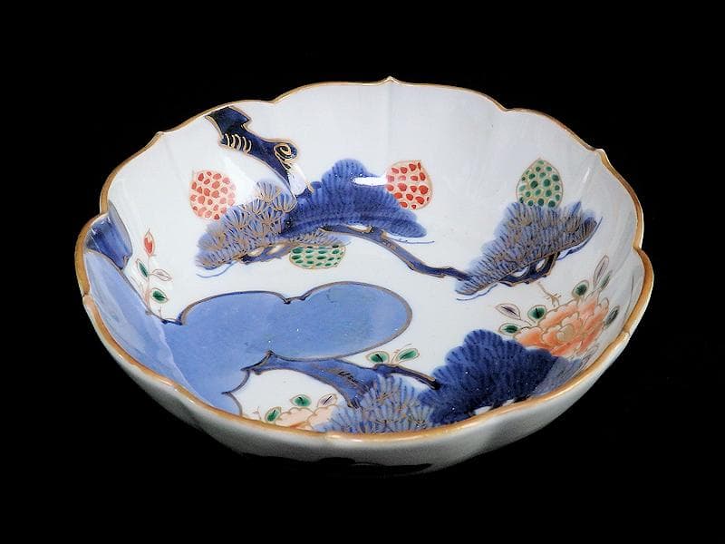 古伊万里　染付　三蓋松に牡丹の図　大膾皿　２客　江戸期　B231AS-CAj