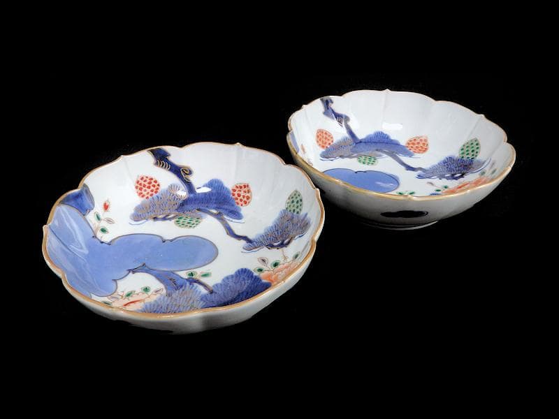 古伊万里　染付　三蓋松に牡丹の図　大膾皿　２客　江戸期　B231AS-CAj