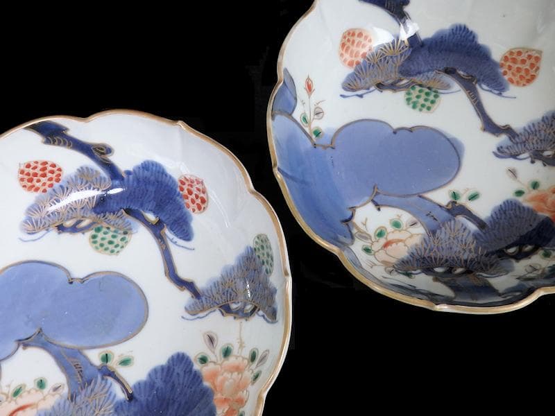 古伊万里　染付　三蓋松に牡丹の図　大膾皿　２客　江戸期　B231AS-CAj