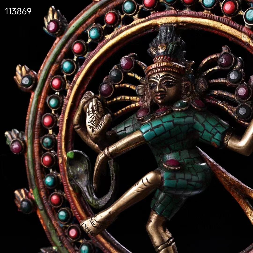 中国古美術・チベット収・純銅・蔵伝工芸・宝石彩絵描金・立自在度母・置物・供養仏像