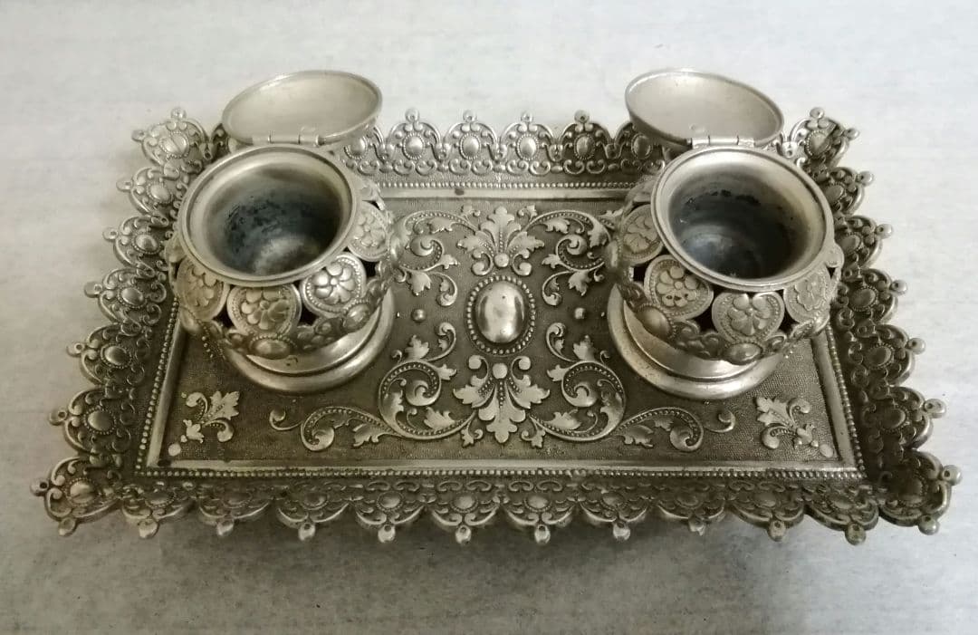 逸品　ナポレオン三世　フランス　真鍮製　ダブルインクポット　トレー　アンティーク