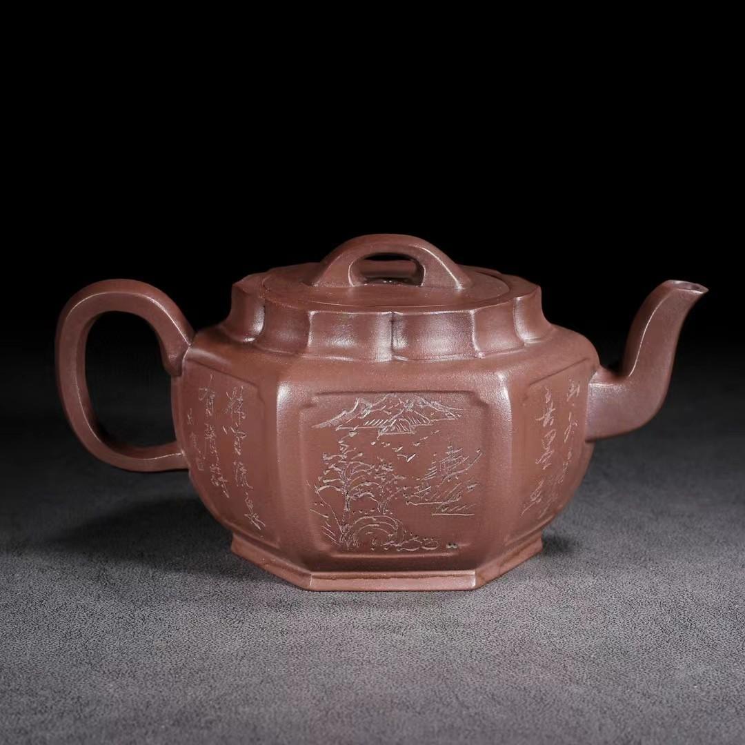 中国古美術・六角紫砂壺・ 底款:范大生・宜興原鉱・紫泥急須・茶壺・茶道具・置物