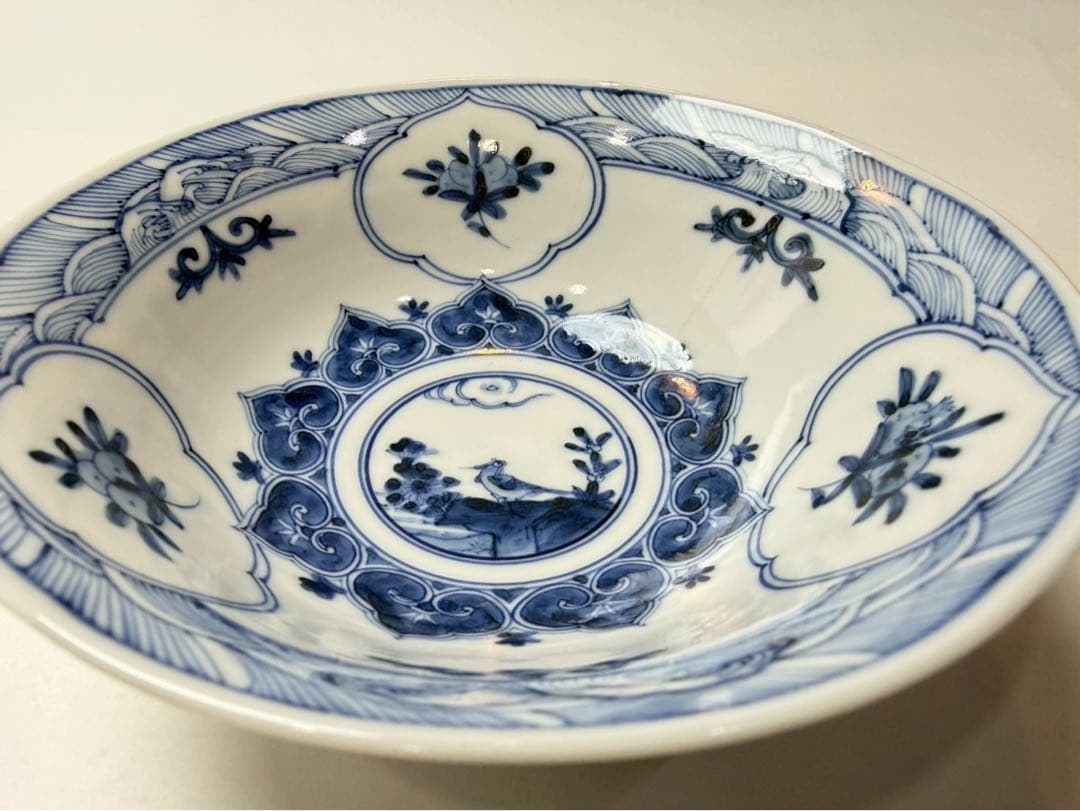 九谷　山本長左作　青華花鳥瑞果文　鉢