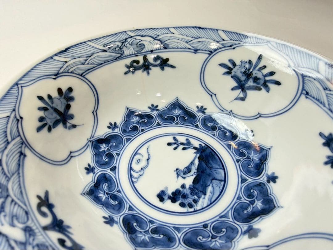 九谷　山本長左作　青華花鳥瑞果文　鉢