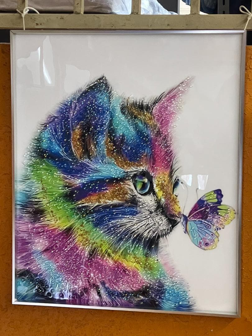 水晶絵　猫　ネコ　キャット　カラフル　アニマル　アートパネル　絵画　ペイント　絵