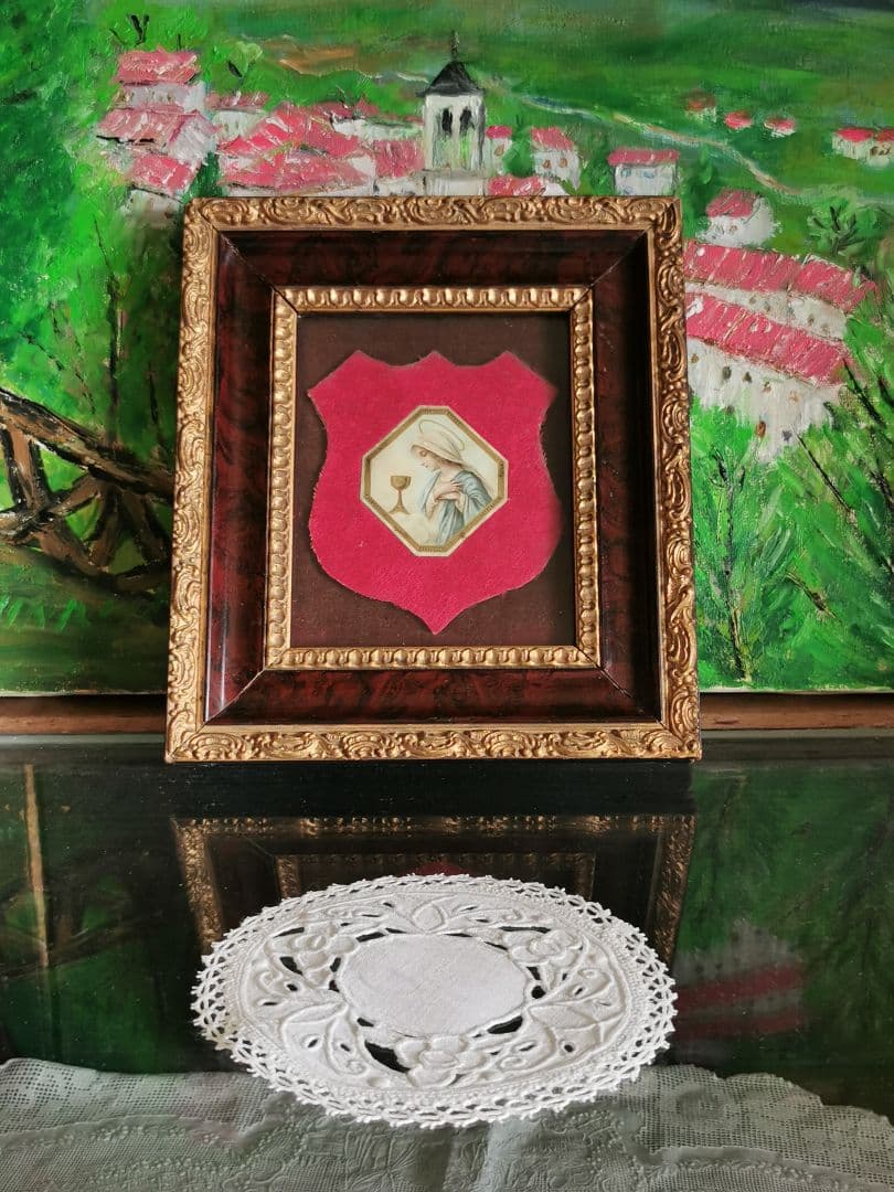 アンティークフランス マリア様の横顔と聖杯 ローズウッド 金彩彫刻ガラスフレーム