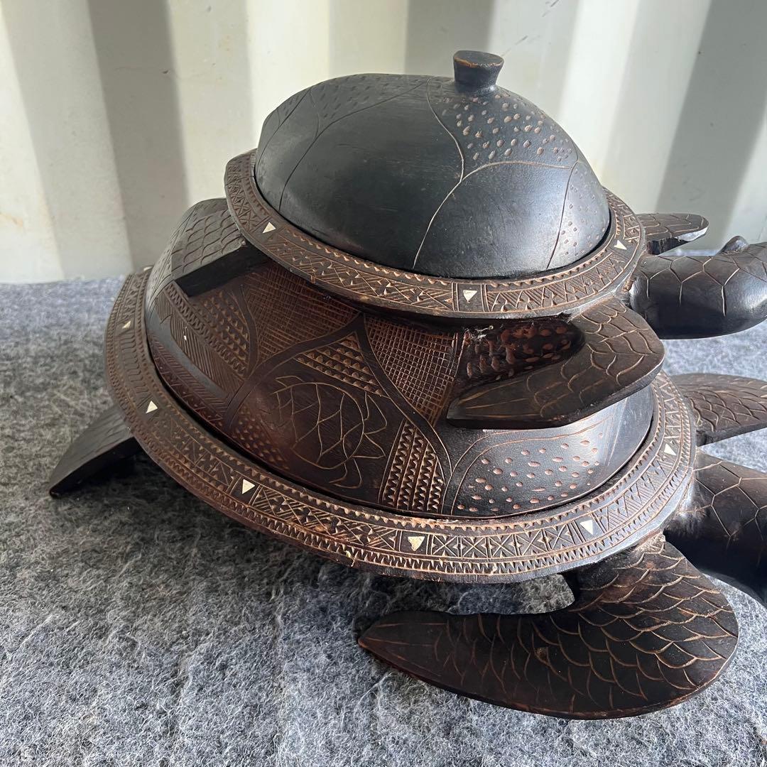 IG68 希少品✨ 亀 木製 小物入れ 縁起物 インテリア 2段 甲羅 レア