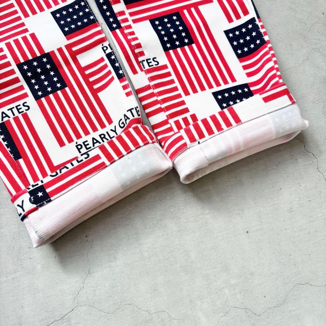 【美品】PEARLY GATES 星条旗 総柄 ストレッチロングパンツ ロゴ刺繍