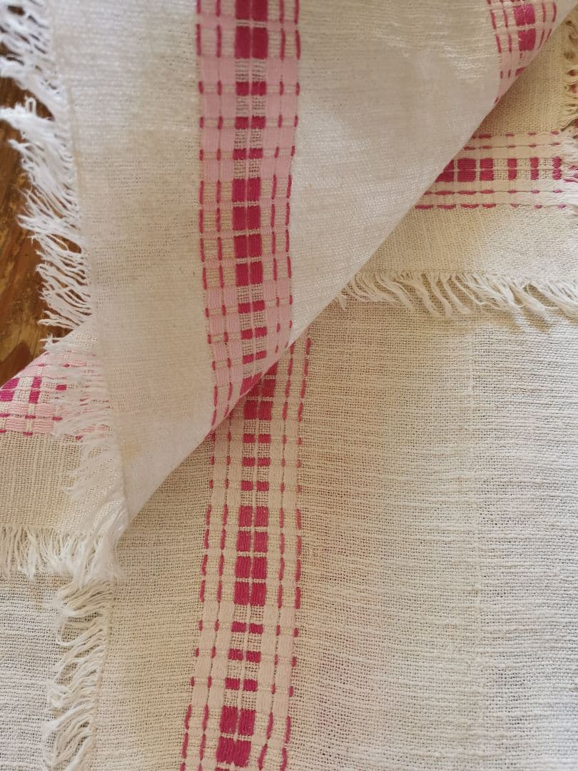 ヴィンテージフランス ラズベリー＆桜ピンク織刺繍 テーブルマット リネンランナー