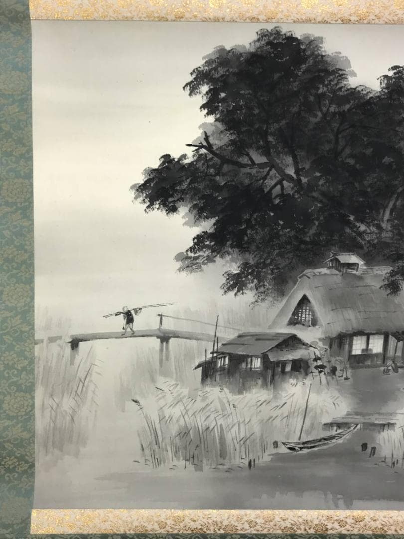 【真作】佐藤耕寛/漁村図/山水図/横物/掛軸/名家伝来/AD-652