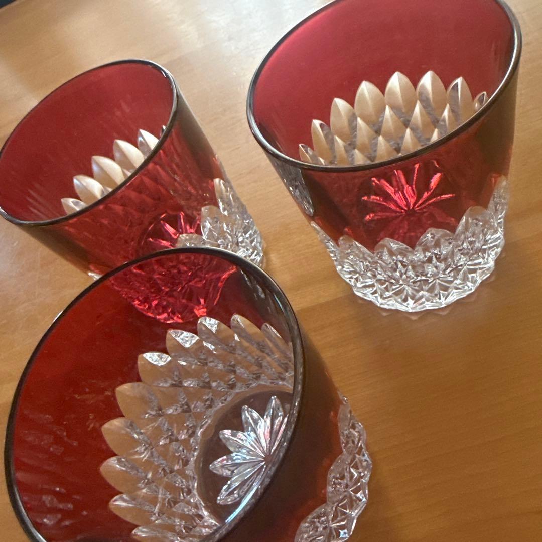 80's未使用★アンティークカットガラス被せガラス３個セット