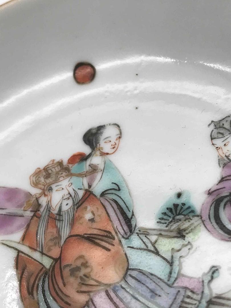 清同治時代 【同治年製 】在銘 粉彩三星人物文盤一対 人物物語文皿 (C-50)