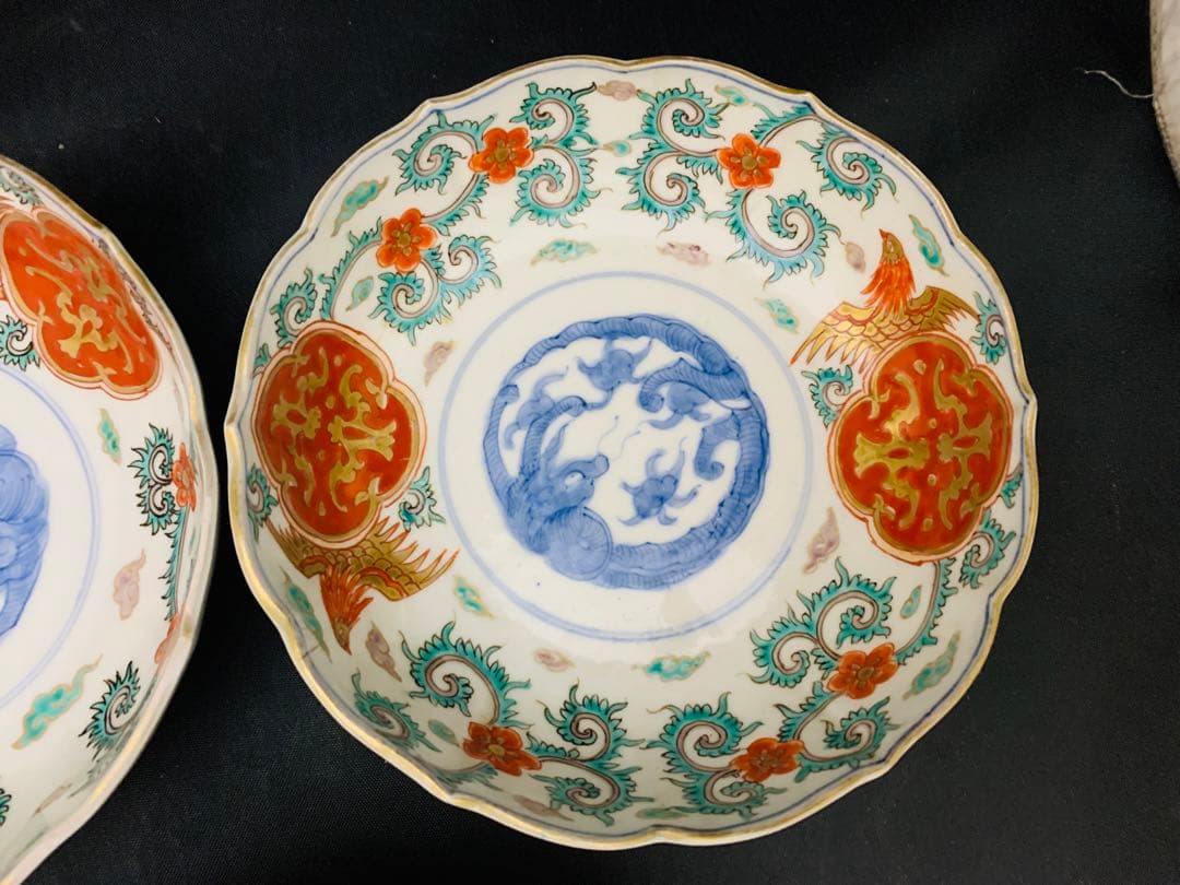 錦手金彩色絵　花唐草　龍　鳳凰　なます皿　5客　伊万里　時代皿