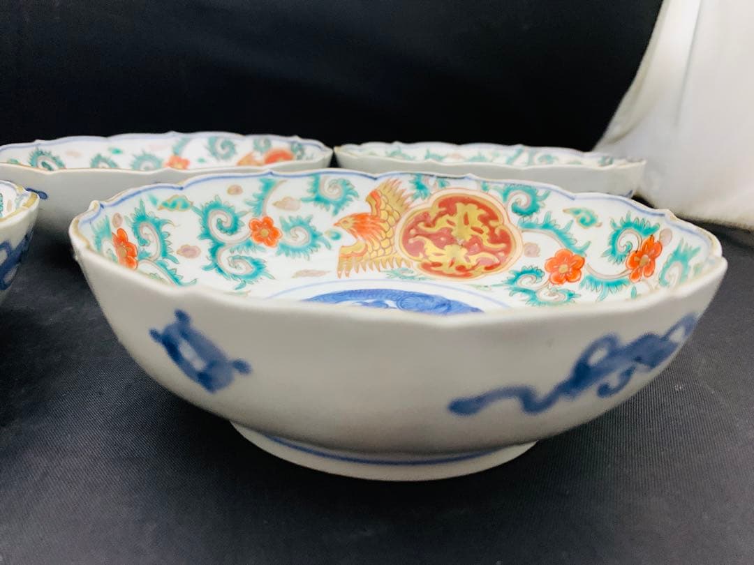 錦手金彩色絵　花唐草　龍　鳳凰　なます皿　5客　伊万里　時代皿