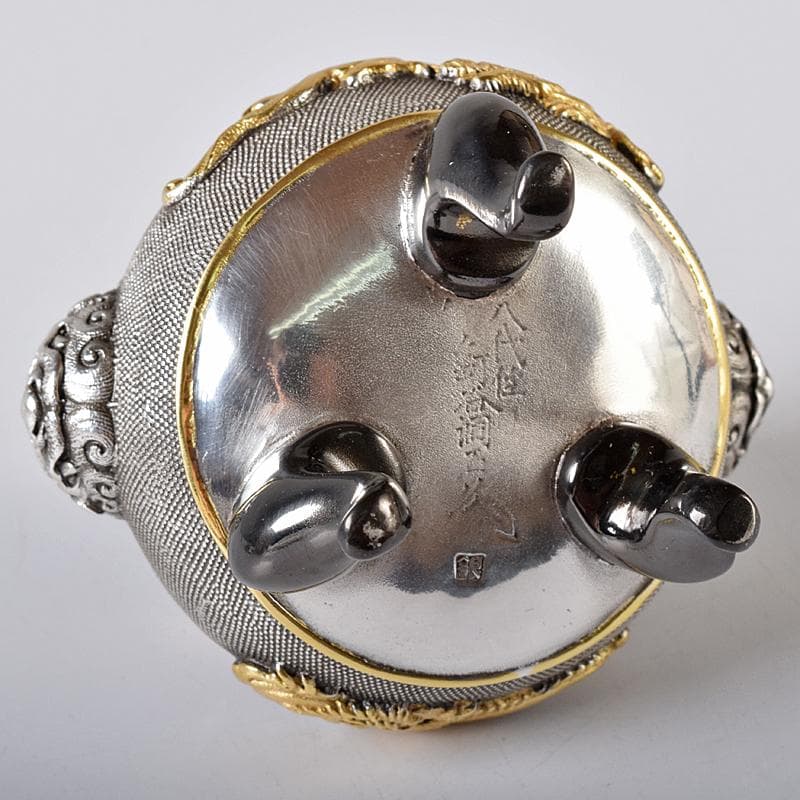 専用　高岡銅器　八代住　釘谷洞石作銀製獅子龍香炉約260g　共箱　L　R8429