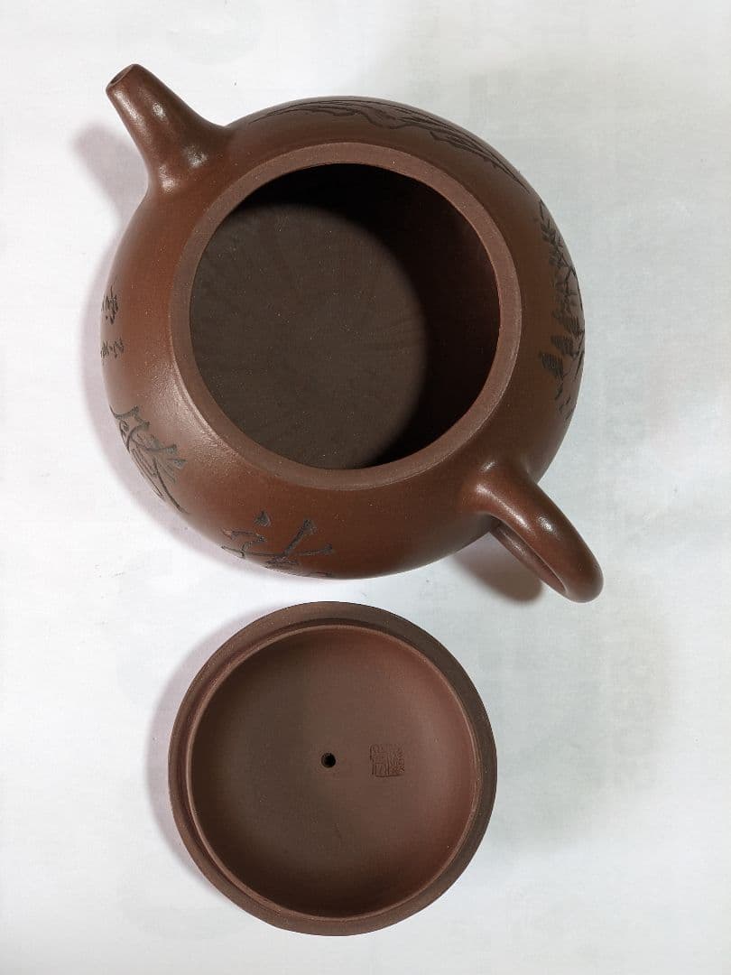 ♦中国？宜興窯 梨地 石瓢壺 漢詩 山水図 篦彫り茶壺 タタラ造り 骨董品