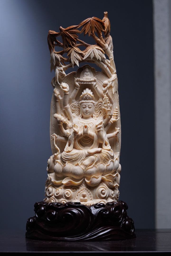 天然マンモス牙美しい手作り彫刻千手観音 置物