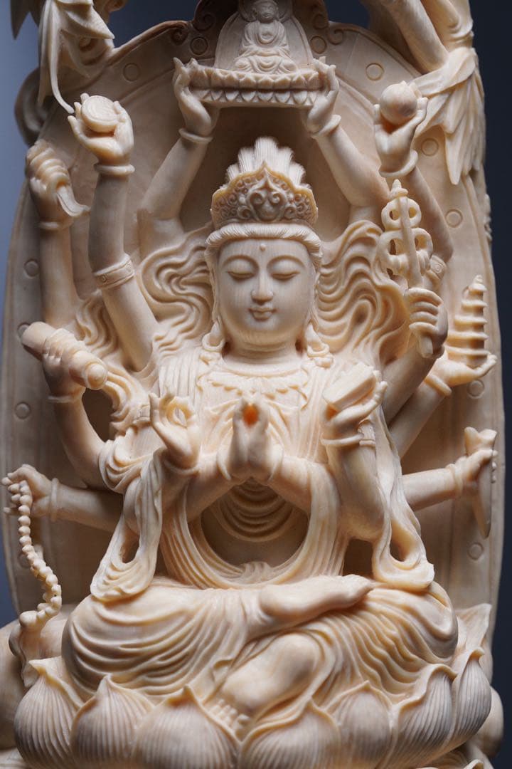 天然マンモス牙美しい手作り彫刻千手観音 置物