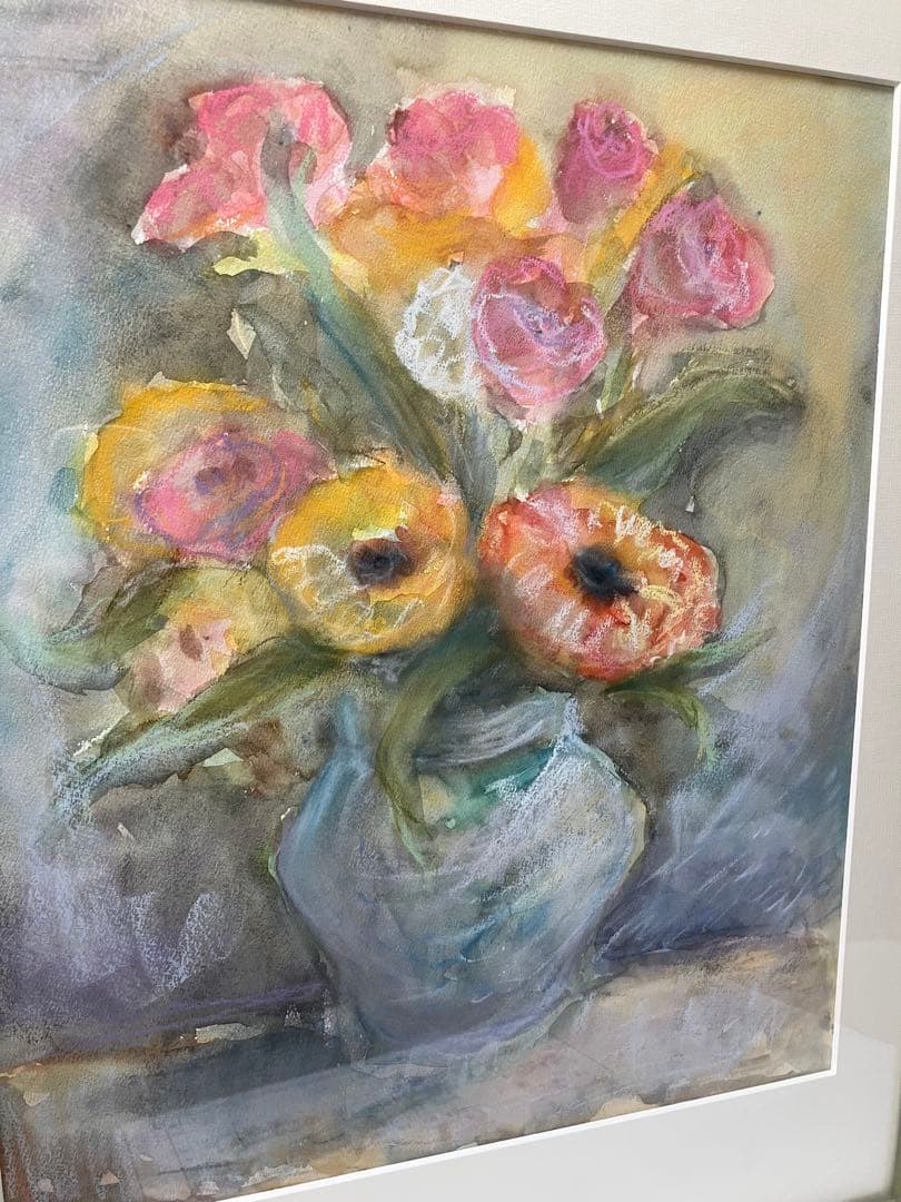 花瓶と花のパステル画アートインテリア三々サイズ