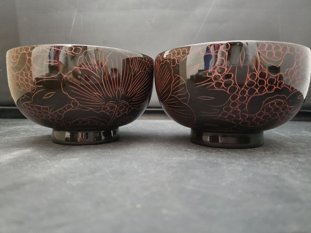 漆器　木製　汁椀　10客　黒牡丹　中型　本漆