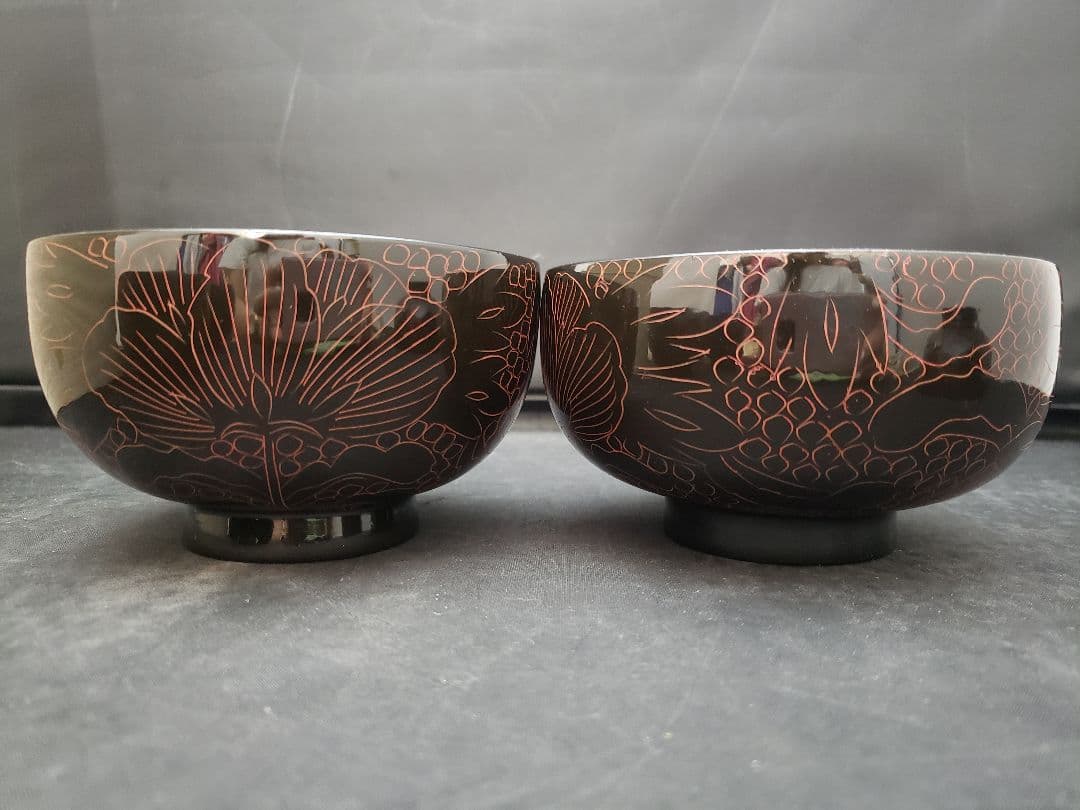 漆器　木製　汁椀　10客　黒牡丹　中型　本漆