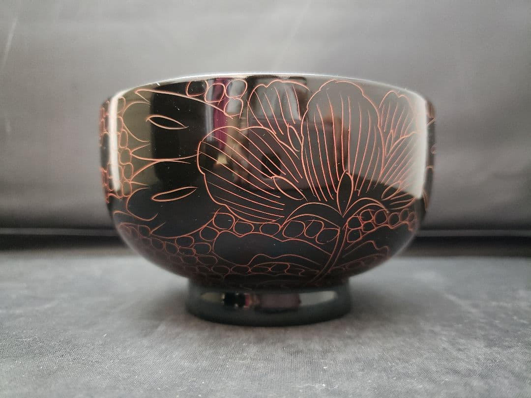 漆器　木製　汁椀　10客　黒牡丹　中型　本漆
