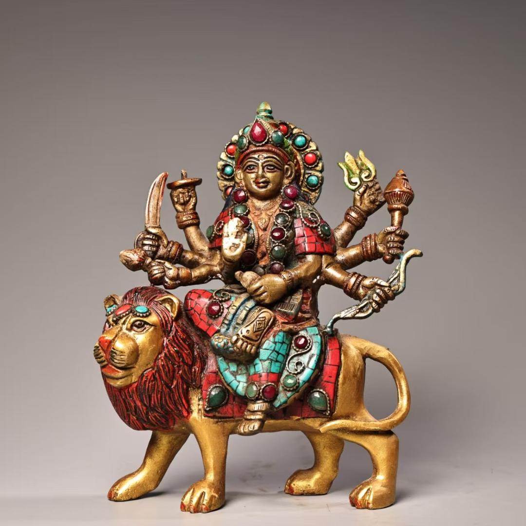 旧藏・ネパール仏教美術・六臂騎獅護法神像・宝石装飾・彩色描金・純銅製・仏像・風水