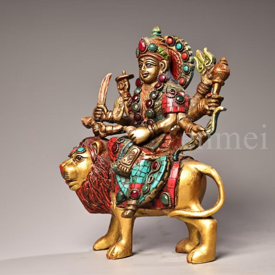 旧藏・ネパール仏教美術・六臂騎獅護法神像・宝石装飾・彩色描金・純銅製・仏像・風水
