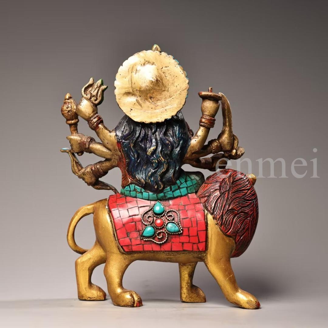 旧藏・ネパール仏教美術・六臂騎獅護法神像・宝石装飾・彩色描金・純銅製・仏像・風水