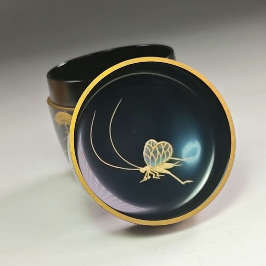 ウ258 棗『奥津一心斉作』『月に秋草鈴虫蒔絵　大棗　共箱』漆塗　茶道具