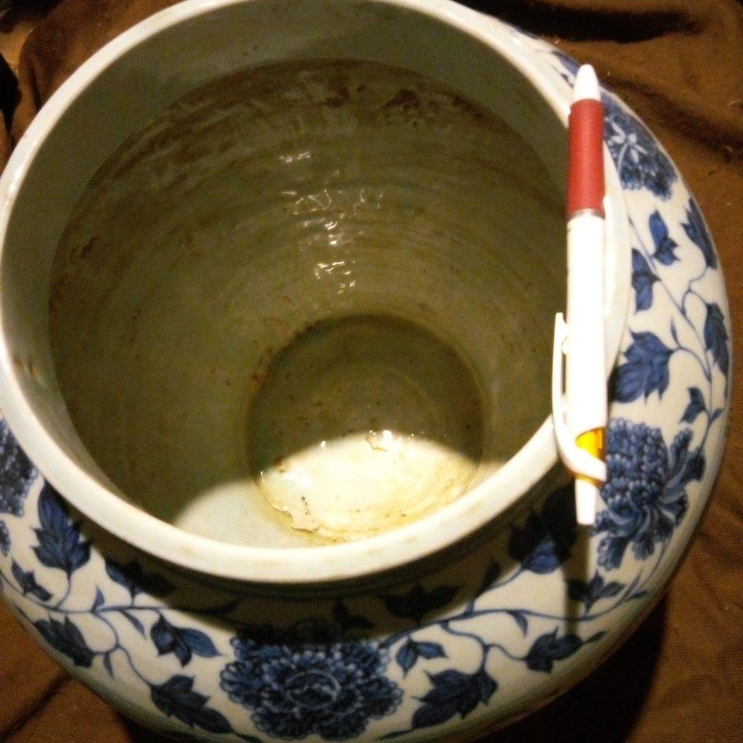 中国陶磁器　元染付　 魚と植物の装飾 壺