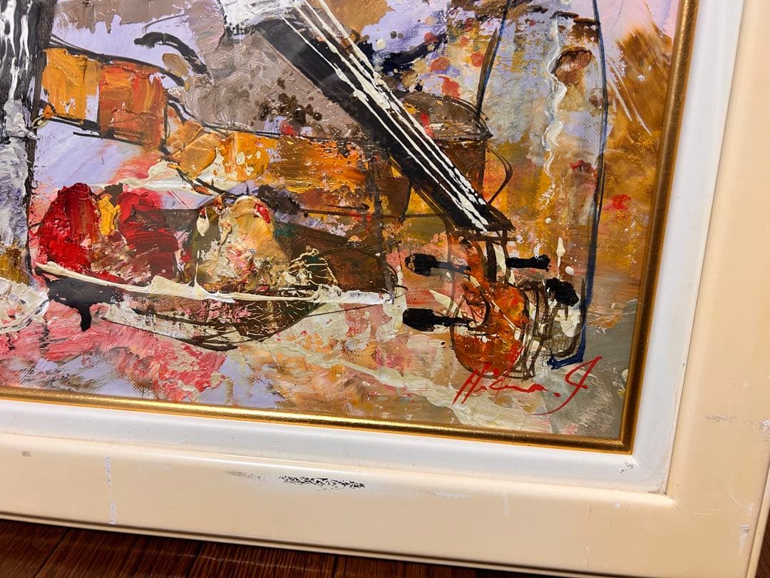 花瓶と楽器の油彩画　静物画　池田秀郎