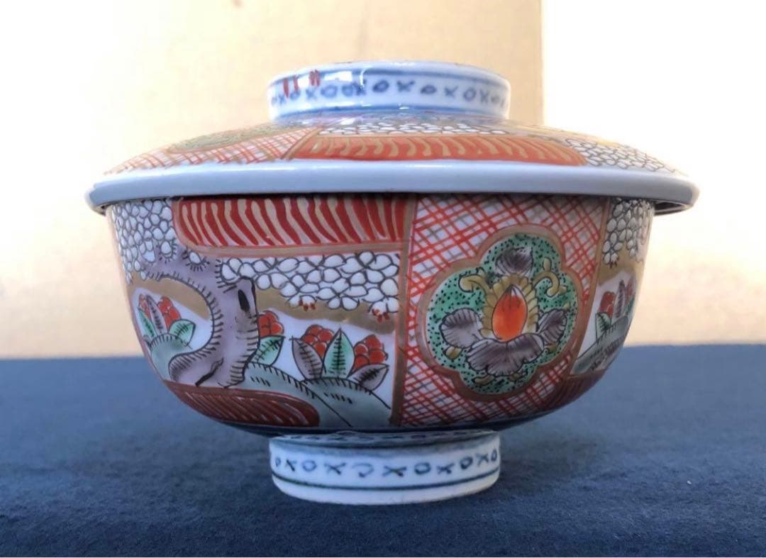 《R》伊万里 赤絵 色絵 蓋碗10客 蓋茶碗 蓋物 木箱　260107か5