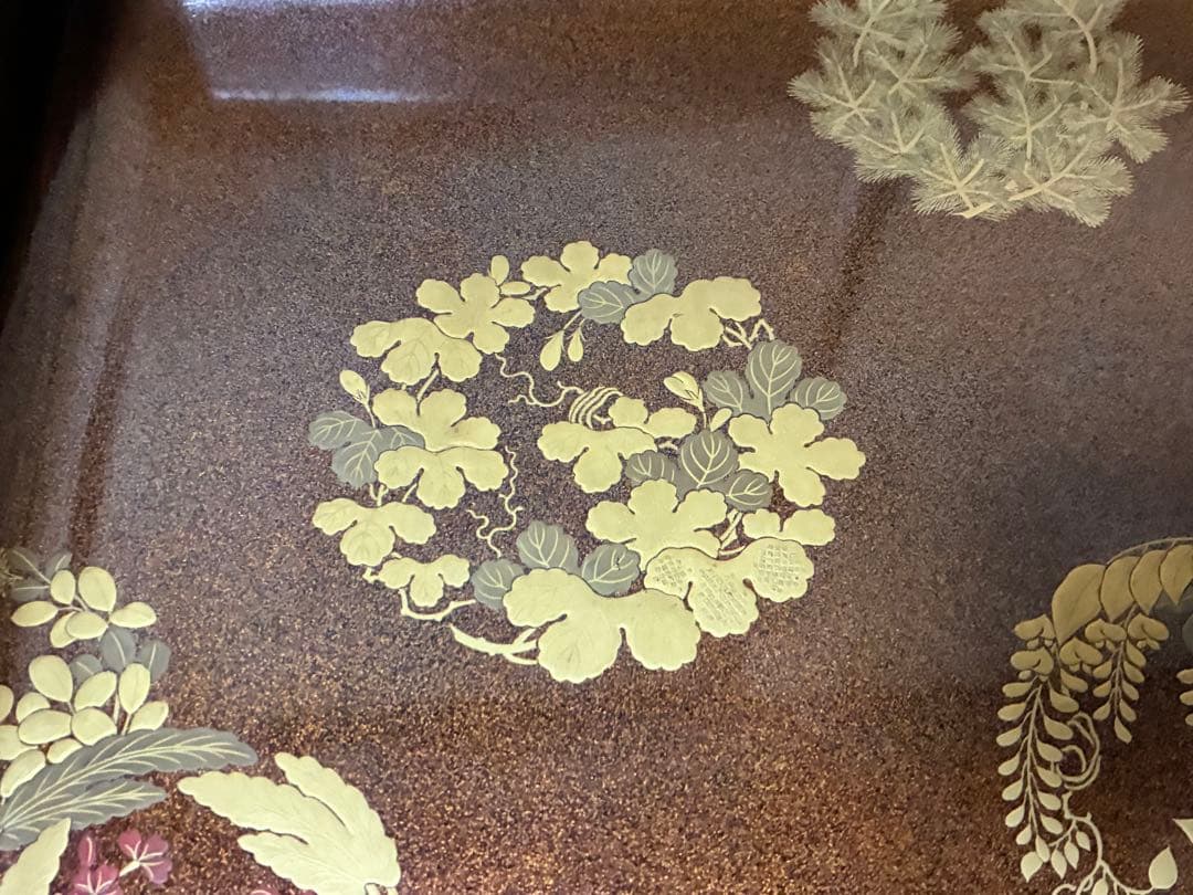 漆器 金箔 唐草紋 蒔絵 梨地 四角盆 時代物 木箱入