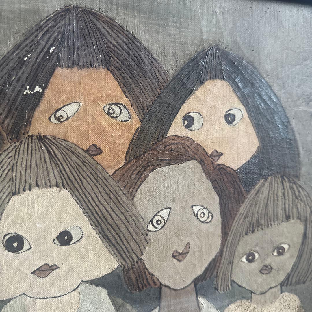 シュールでかわいすぎて驚き❣️ヴィンテージ油彩画 人物画 フレーム付き