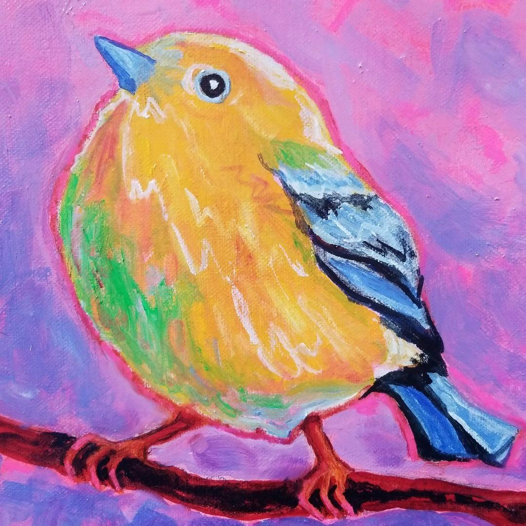 油絵　専用　朝やけに胸をはる黄色い鳥