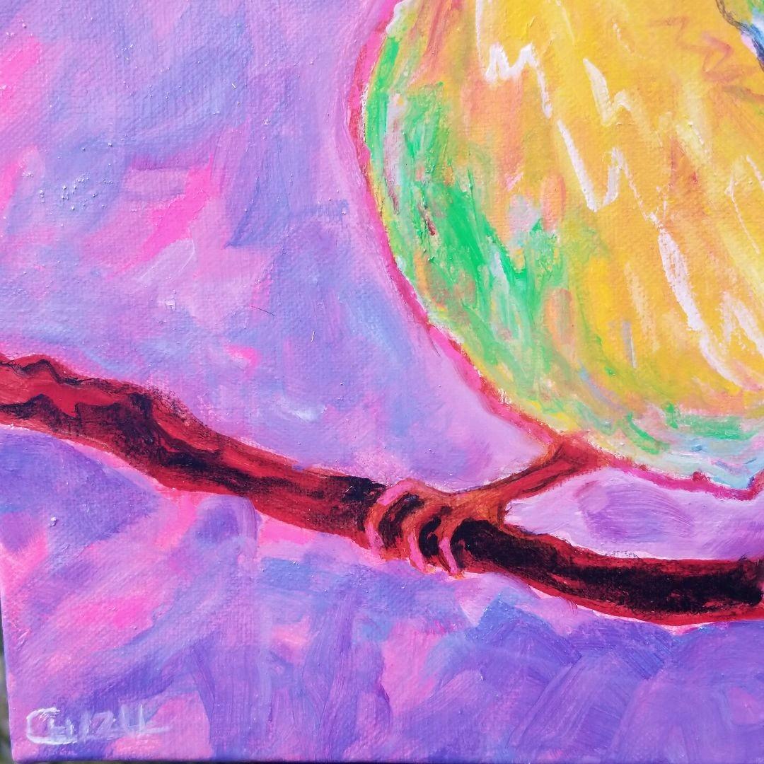 油絵　専用　朝やけに胸をはる黄色い鳥