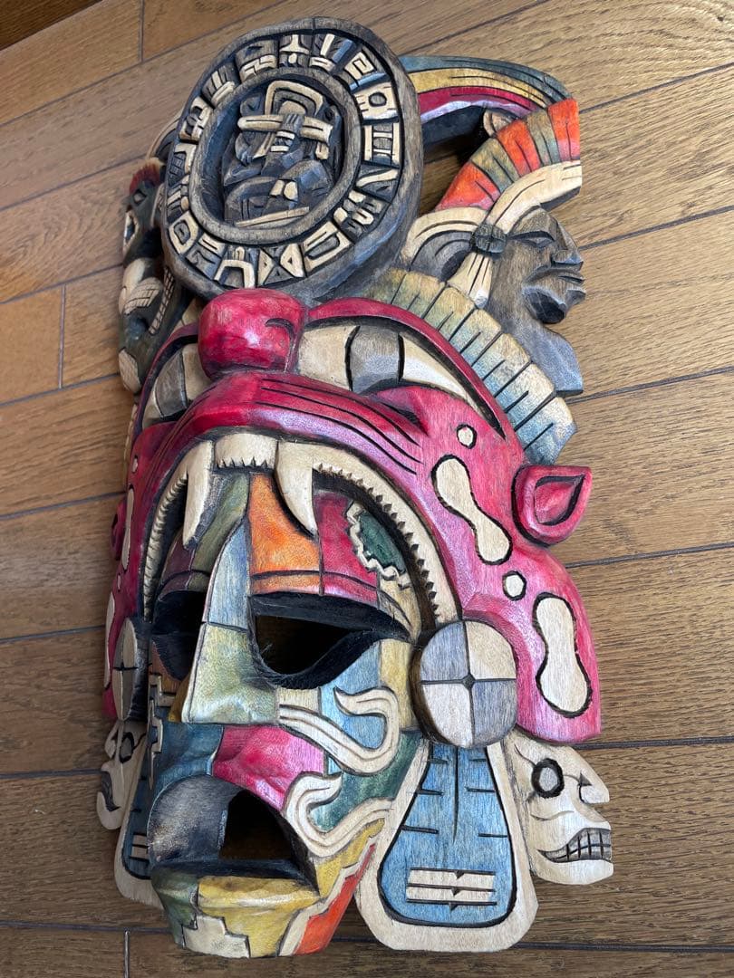 メキシコ 木彫りのマスク　木彫 彫刻 仮面 アート 芸美術 古道具 アンティーク