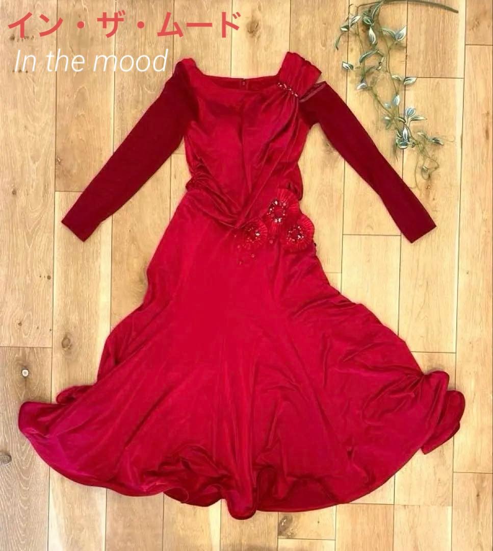 社交ダンス ドレス レッド 長袖 フレア インザムード