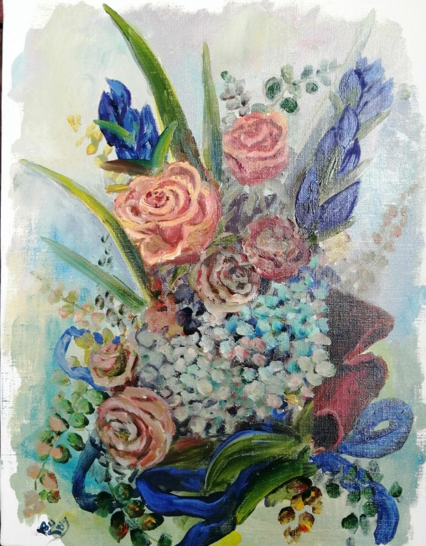 ギフト、レトロなスタイルの花束、油絵, バラ, あじさい