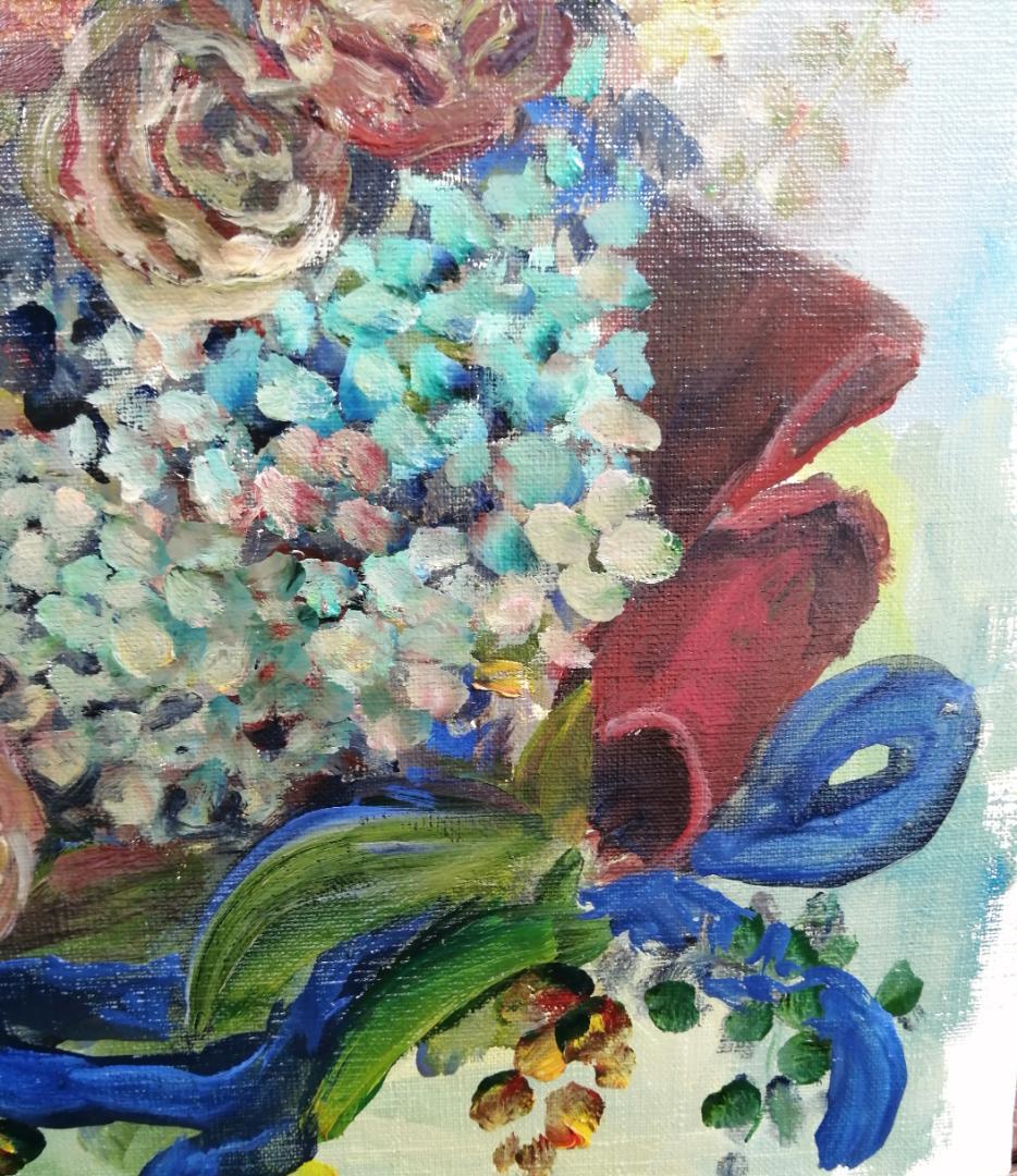 ギフト、レトロなスタイルの花束、油絵, バラ, あじさい