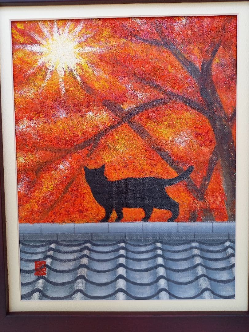 油彩3号木製額　「屋根シリーズ　紅葉」