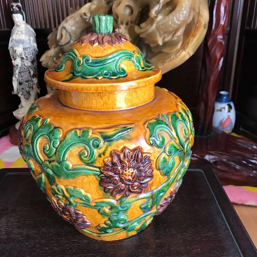 中国美術　骨董品　花瓶　壺　唐三彩　蓋付き壺　古美術　重い！6.1キロ